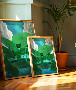 Serene landscape with lush green leaves and blue horizon