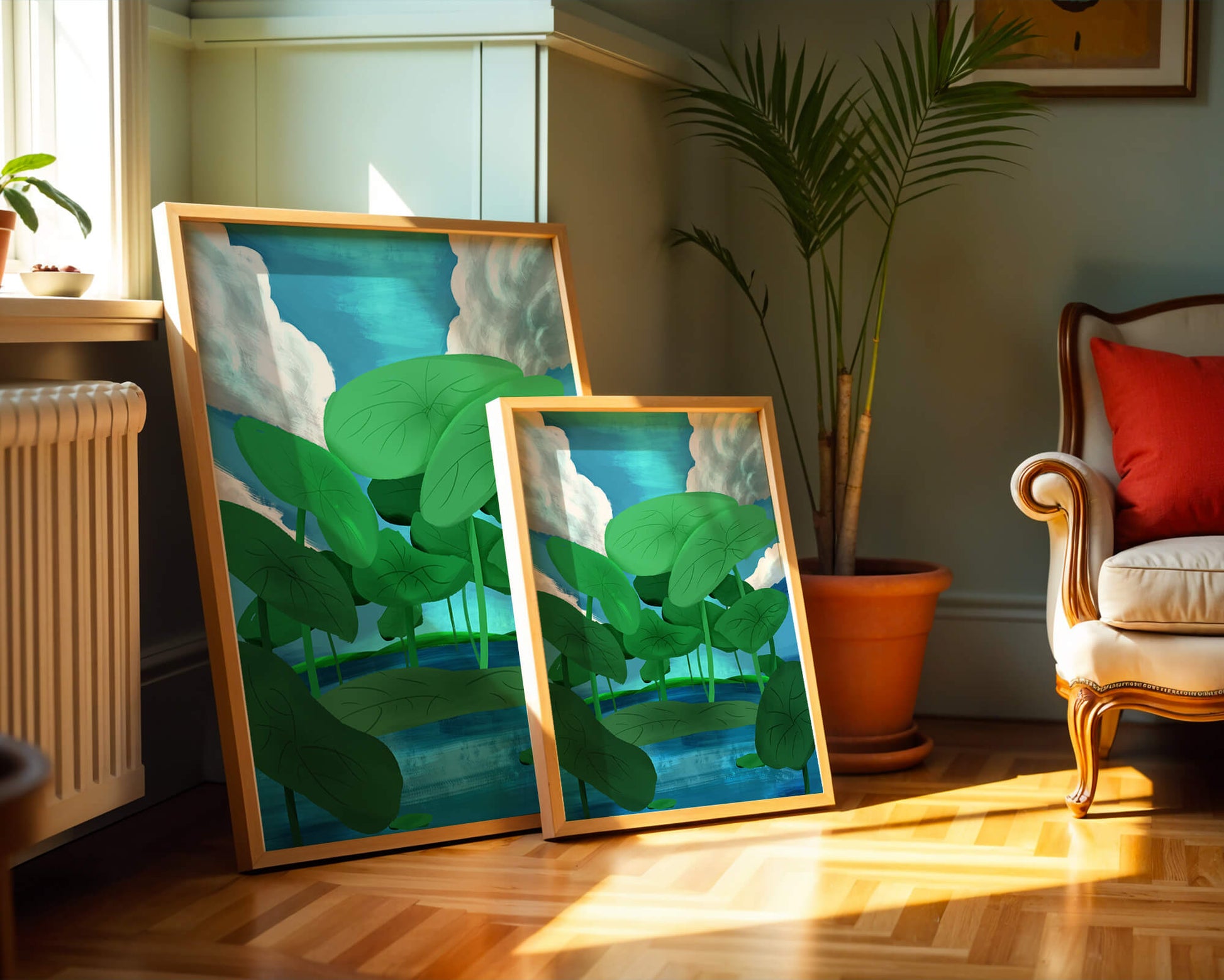 Serene landscape with lush green leaves and blue horizon