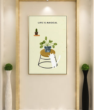 Ilustración encantadora de un gato con planta y mensaje inspirador