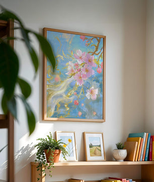 Beautiful Cherry Blossom Branch with Golden Highlights on a Soft Blue Background - Mi tienda