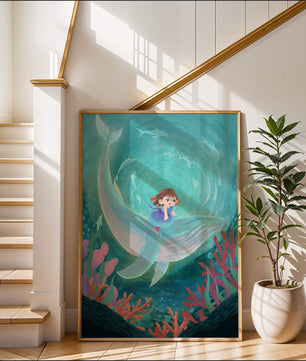 Underwater scene with child and whale surrounded by marine life