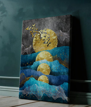 Abstract Landscape with Golden Sun and Flying Birds
