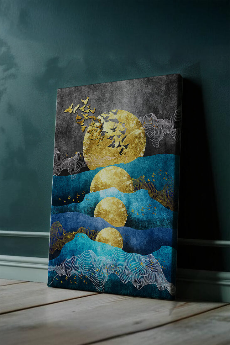 Abstract Landscape with Golden Sun and Flying Birds
