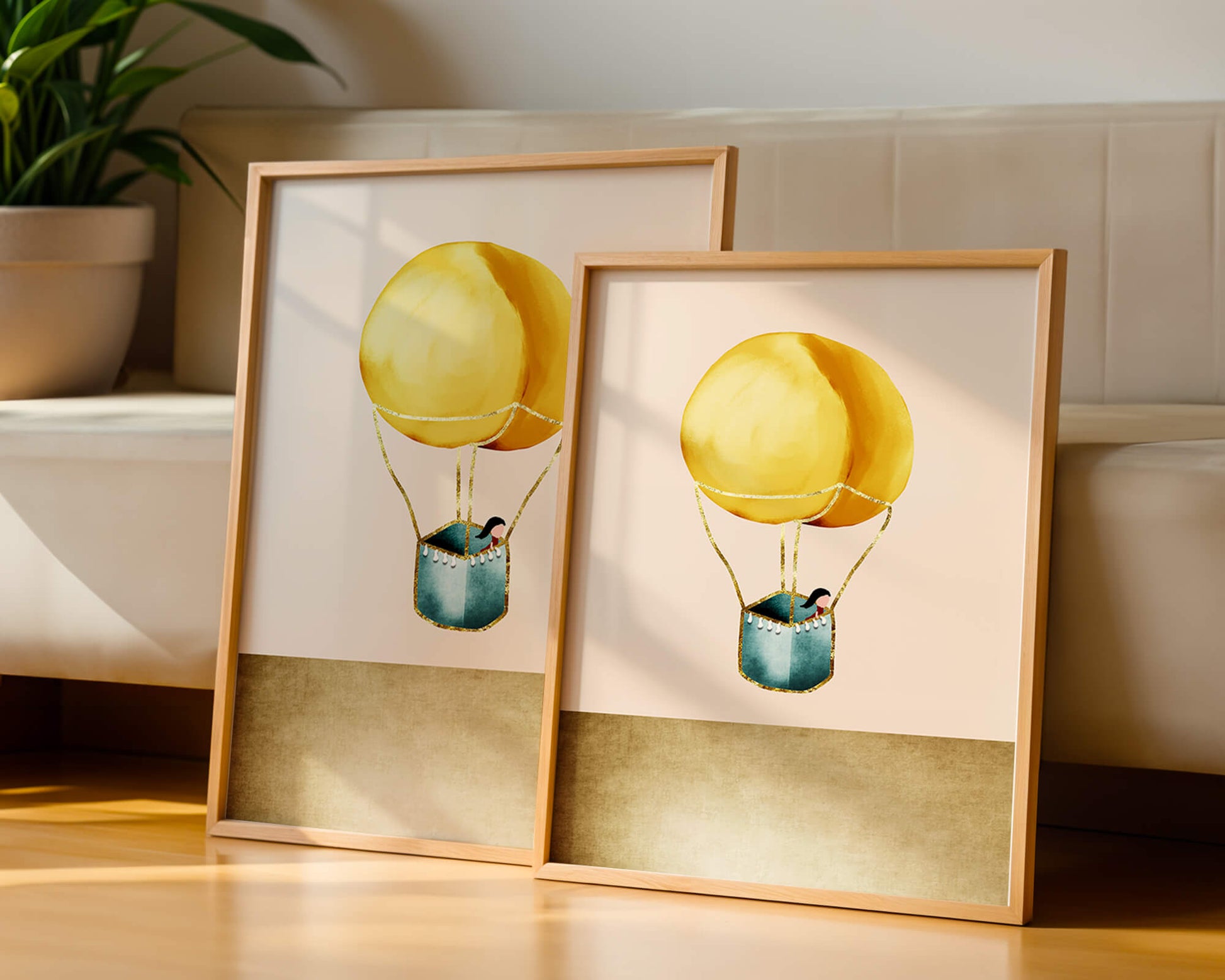 Charming Hot Air Balloon Illustration with Golden Accents