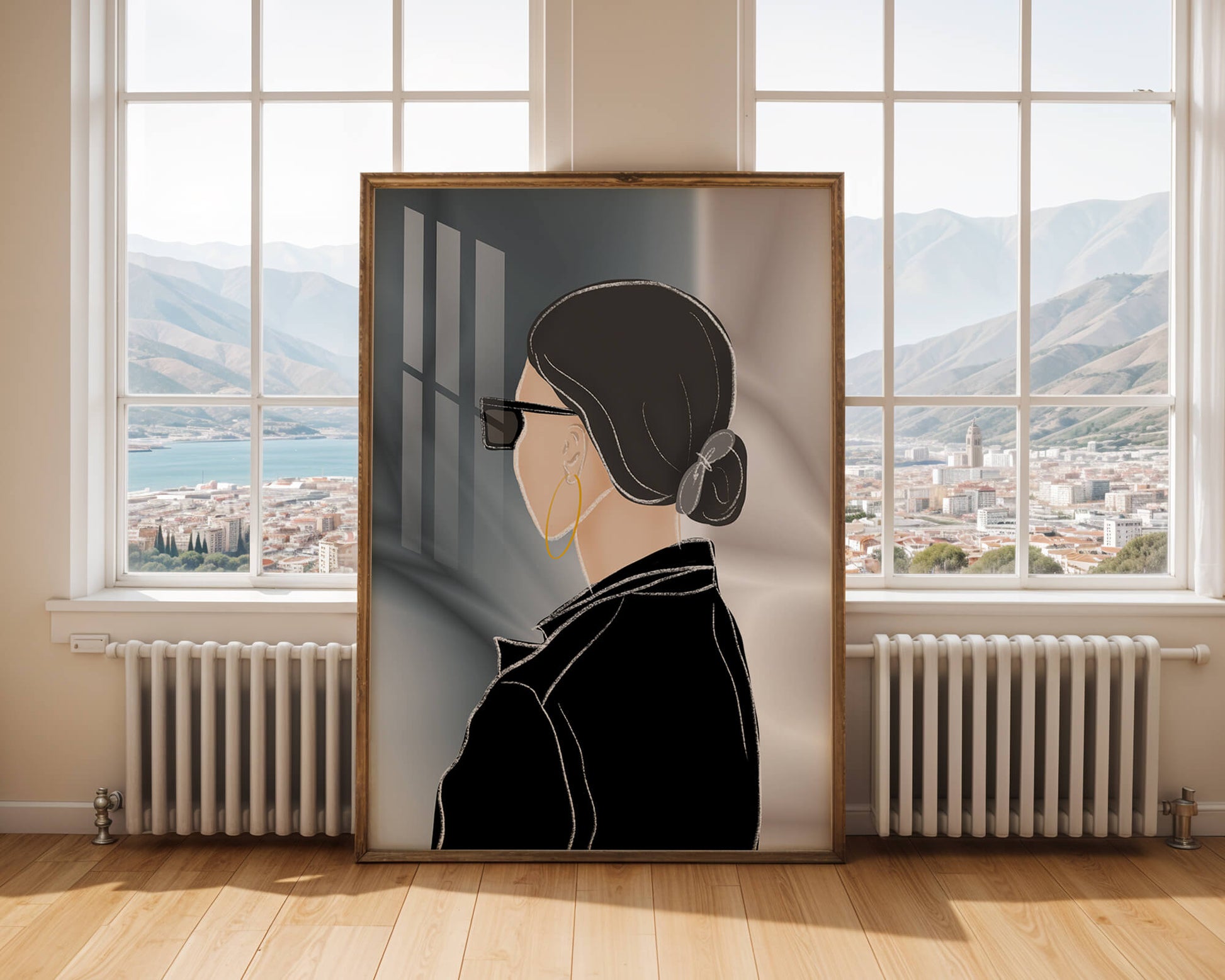 Modern woman with sunglasses and gold hoop earrings