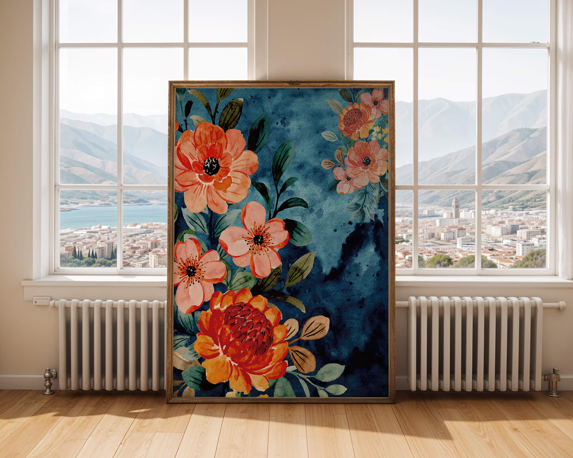 Vibrant floral watercolor design with orange blossoms and blue background