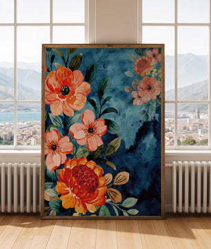Vibrant floral watercolor design with orange blossoms and blue background