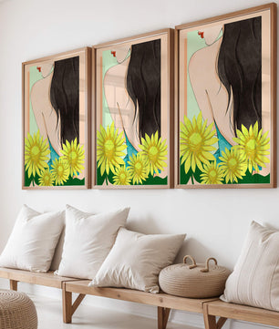 Ilustración de una mujer elegante con girasoles y cabello largo y oscuro