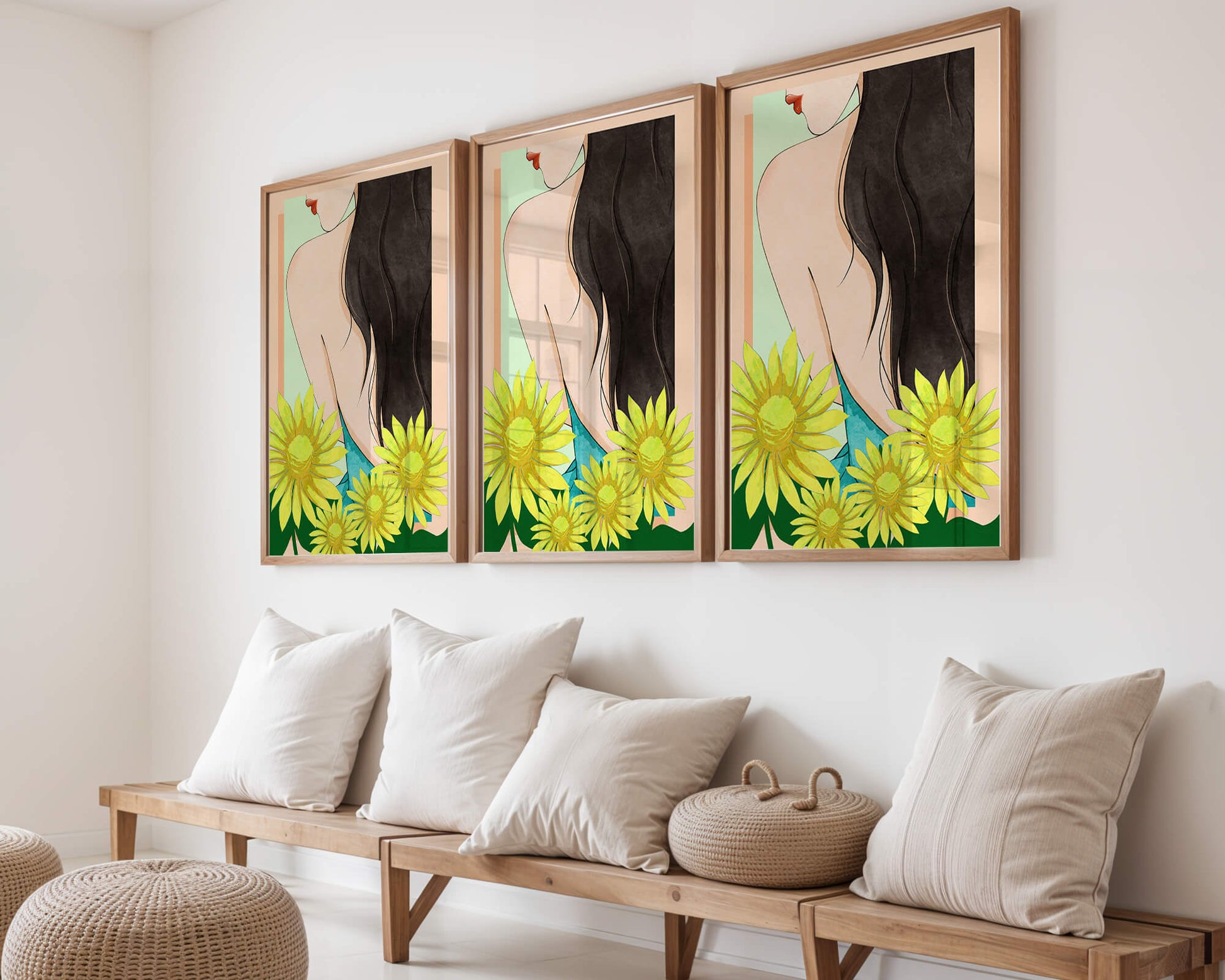 Ilustración de una mujer elegante con girasoles y cabello largo y oscuro