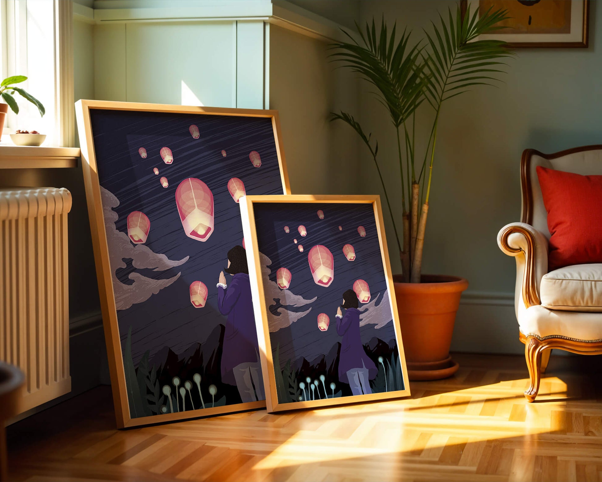 Girl Watching Pink Lanterns Soaring into the Night Sky