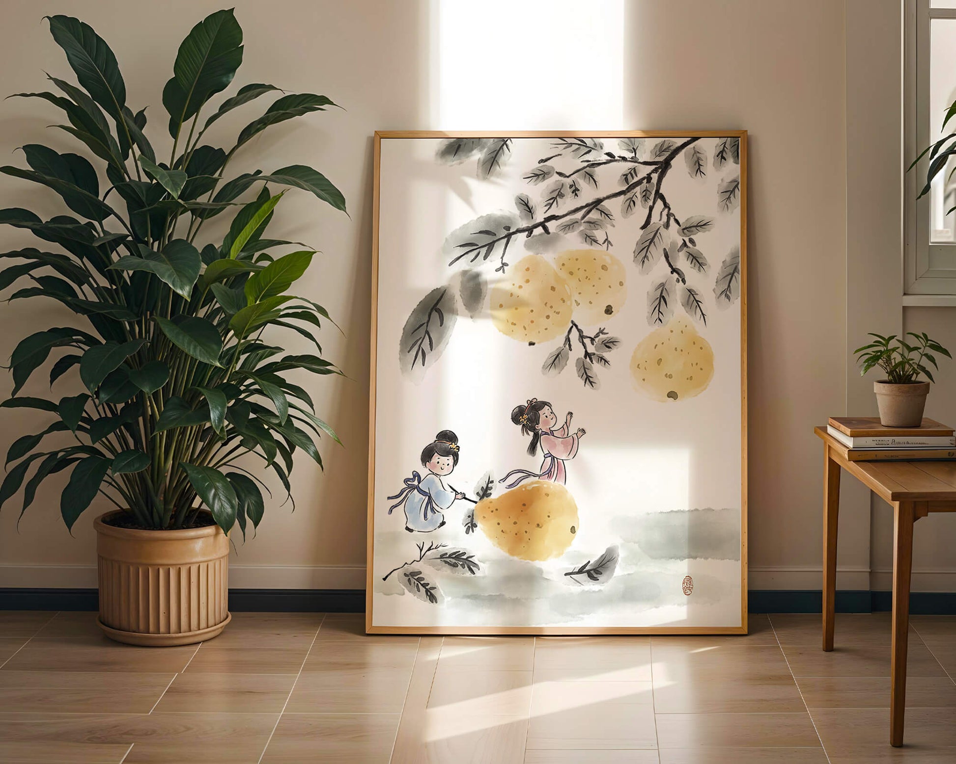 Ilustración encantadora de niños en vestimenta tradicional recolectando peras