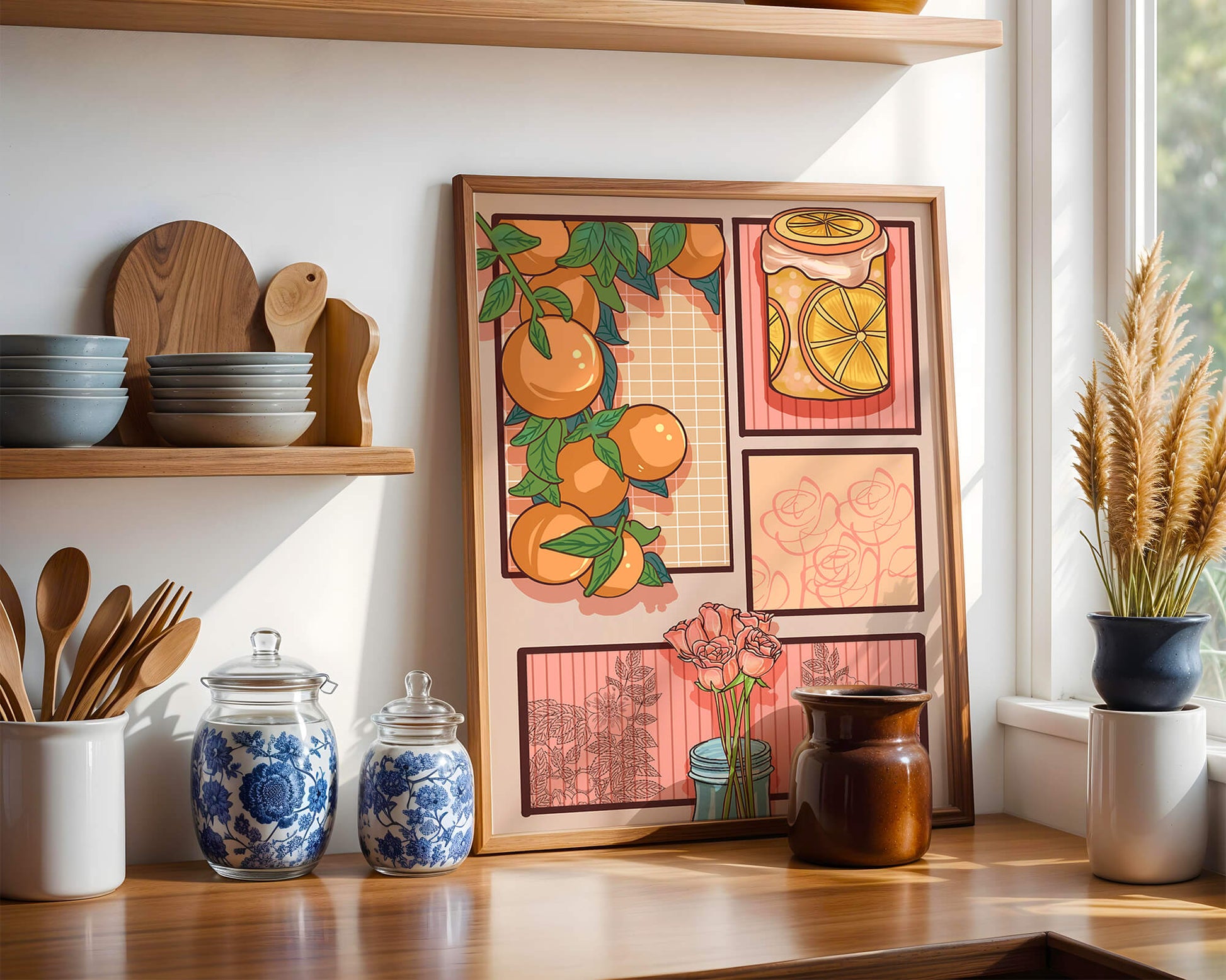 Composición artística con naranjas, frasco de rodajas de limón y rosas sobre fondo geométrico