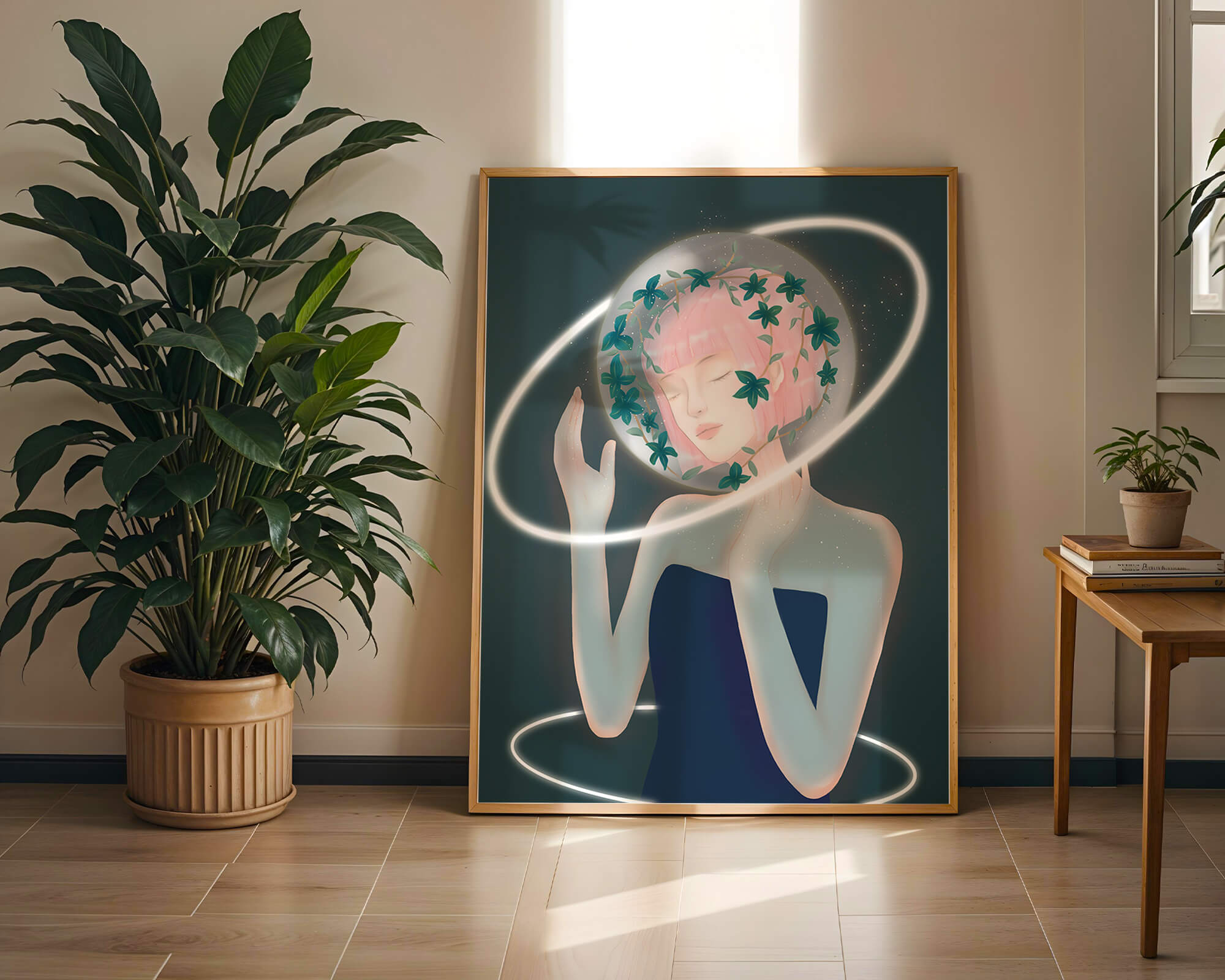 Dreamlike fantasy portrait with ethereal pink-haired figure