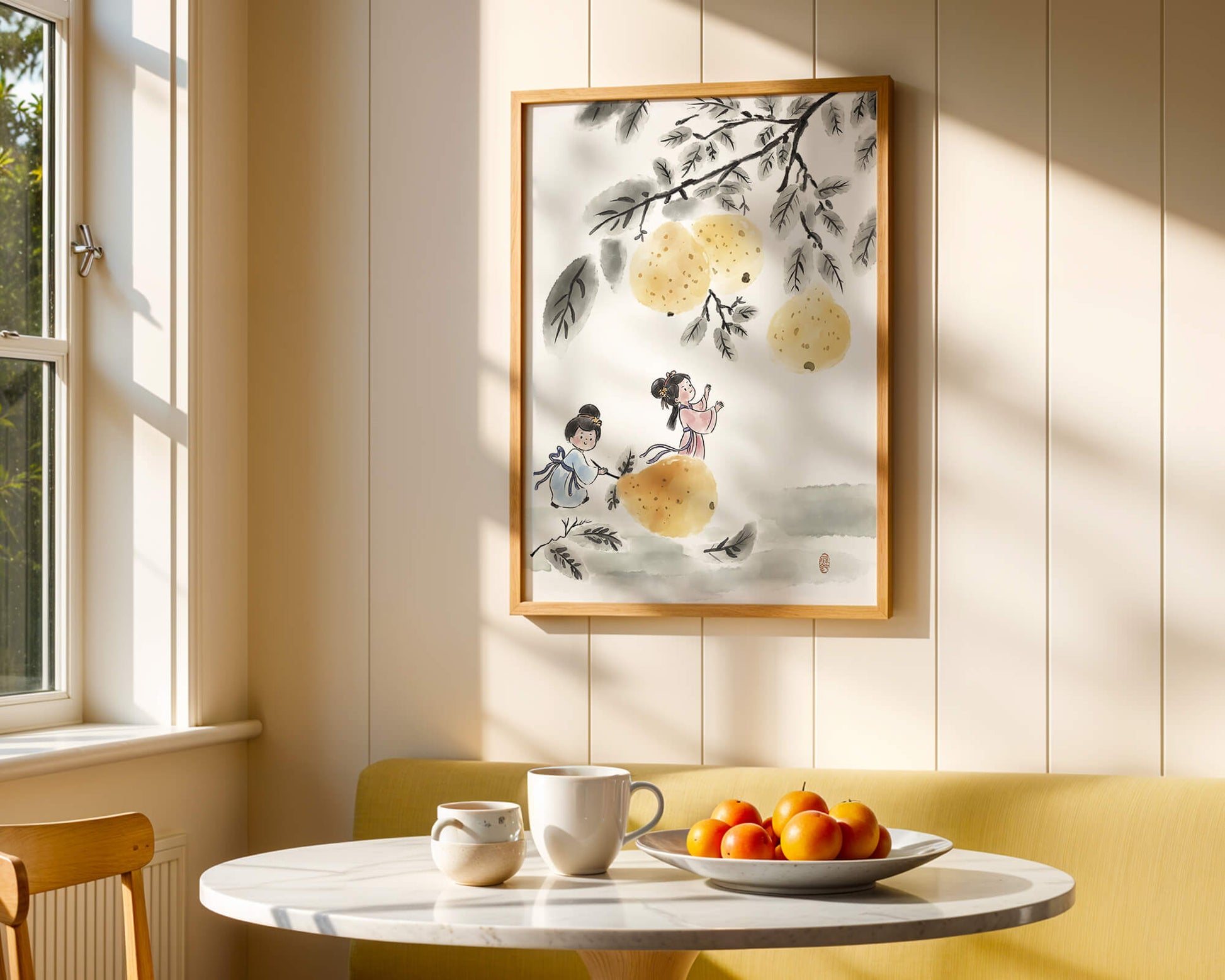 Ilustración encantadora de niños en vestimenta tradicional recolectando peras