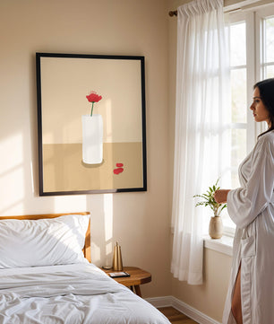 Minimalist Red Flower in White Vase on Beige Background - Mi tienda