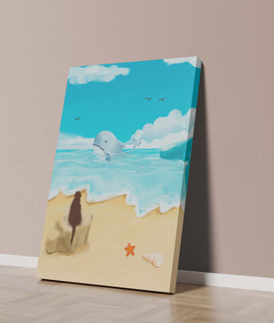 Meeresblick mit Wal und Elemente am Strand