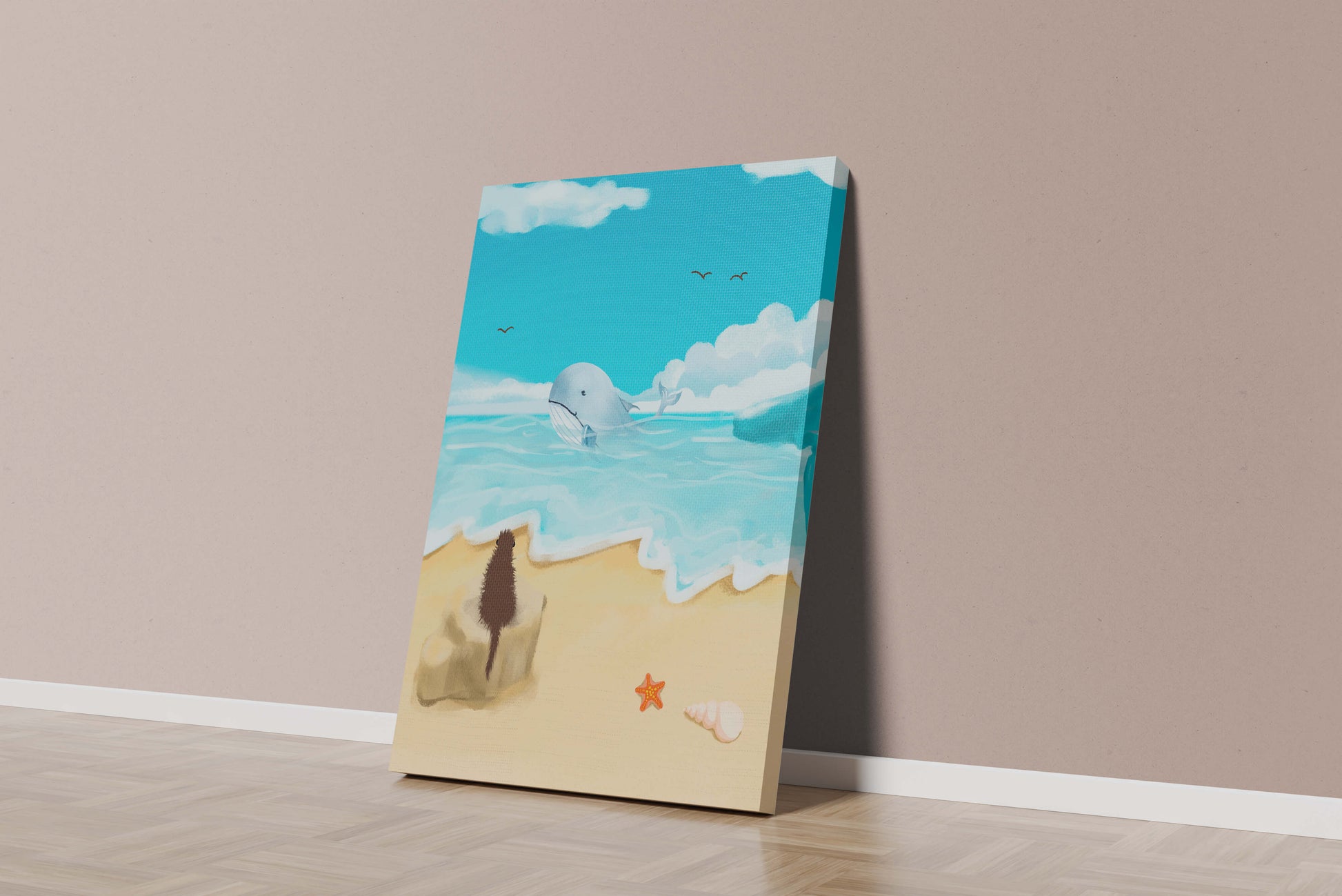 Vista al océano con ballena y elementos de playa