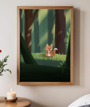 Charmante Illustration eines niedlichen Fuchses in einer ruhigen Waldlandschaft