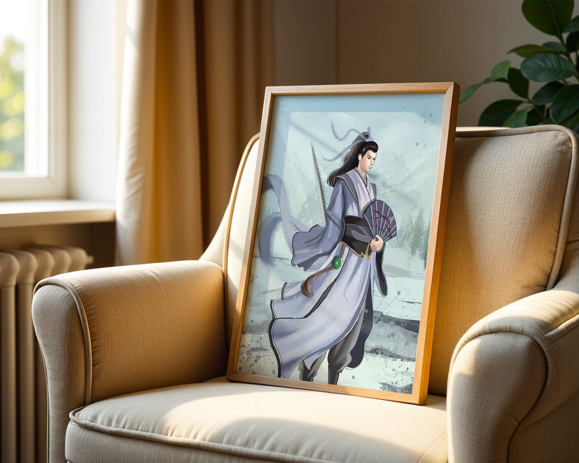 Elegant warrior in traditional attire with flowing robes and fan