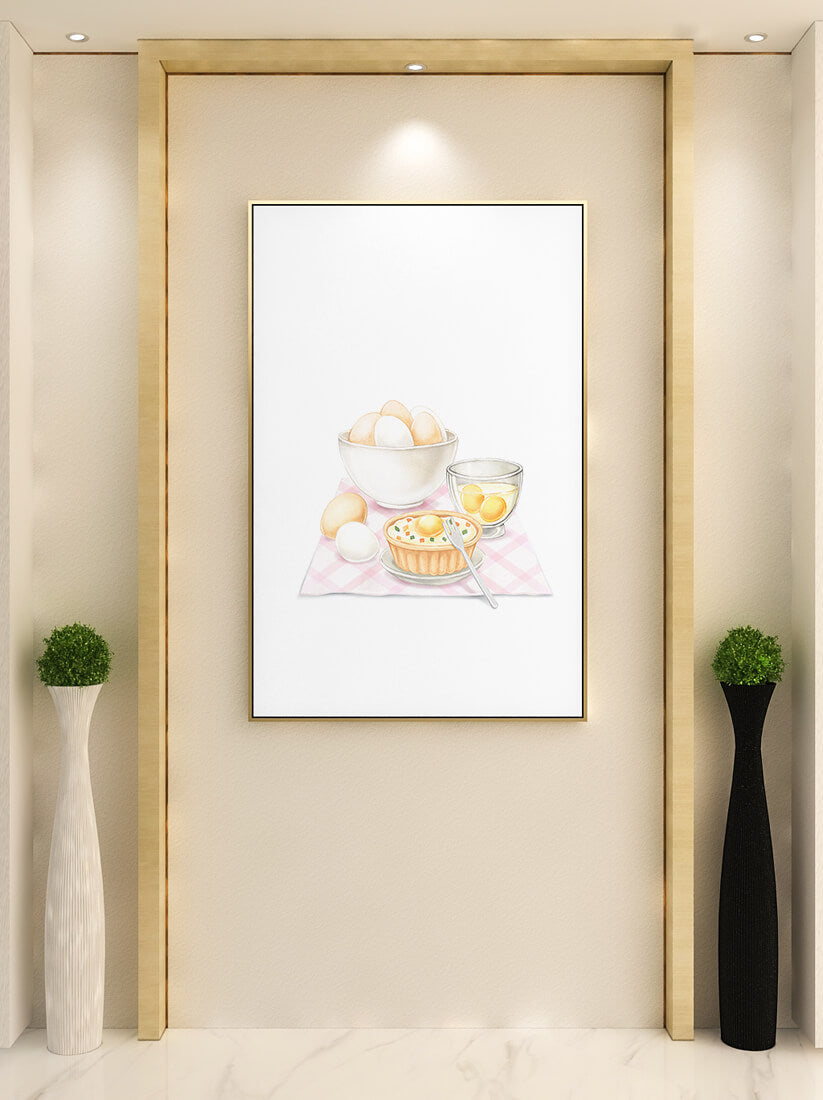 bowl of eggs and quiche on checkered cloth with fork in kitchen setting