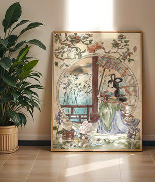 Peaceful Garden Scene with Girl and Rabbit