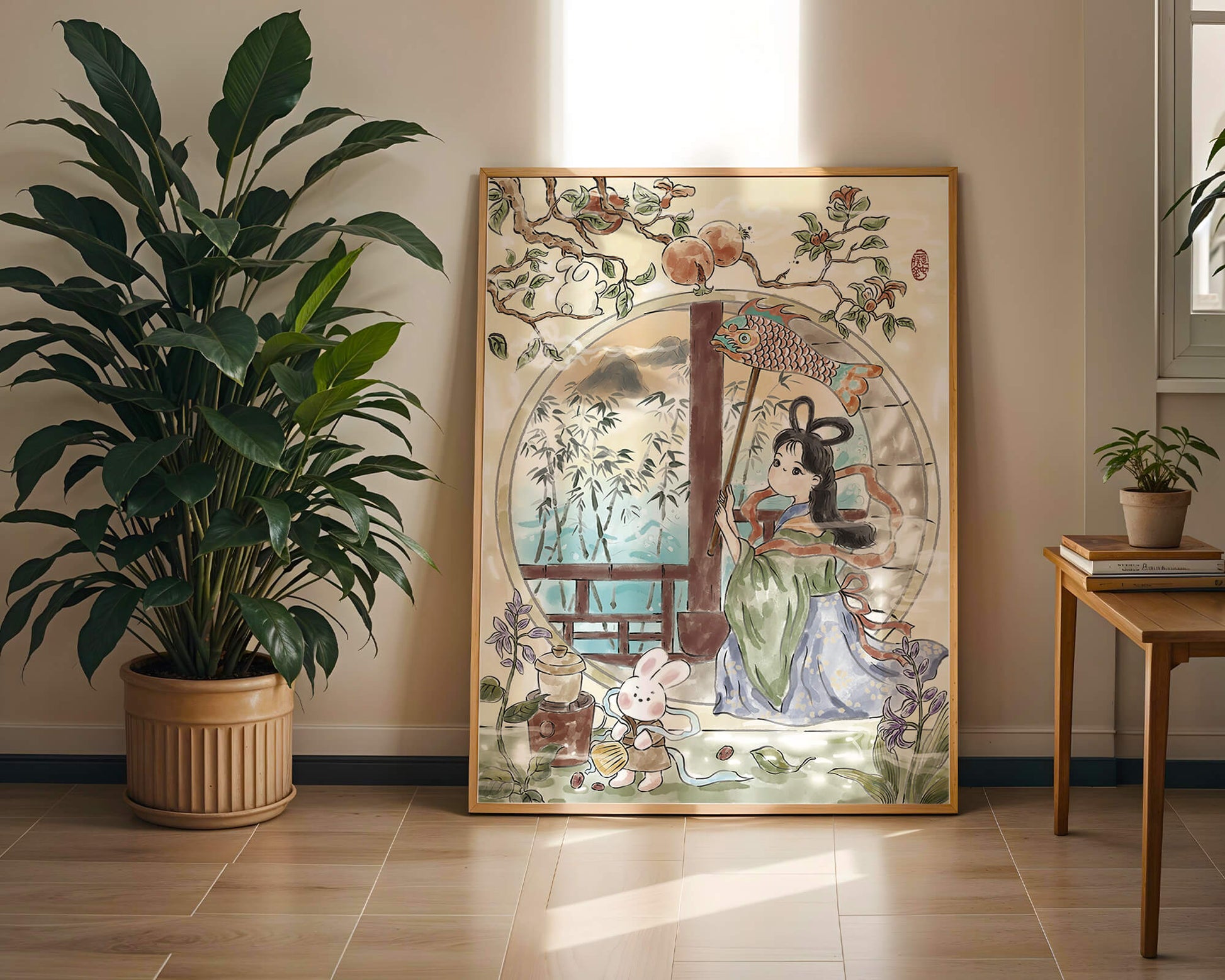 Escena de jardín tranquilo con una niña y un conejo