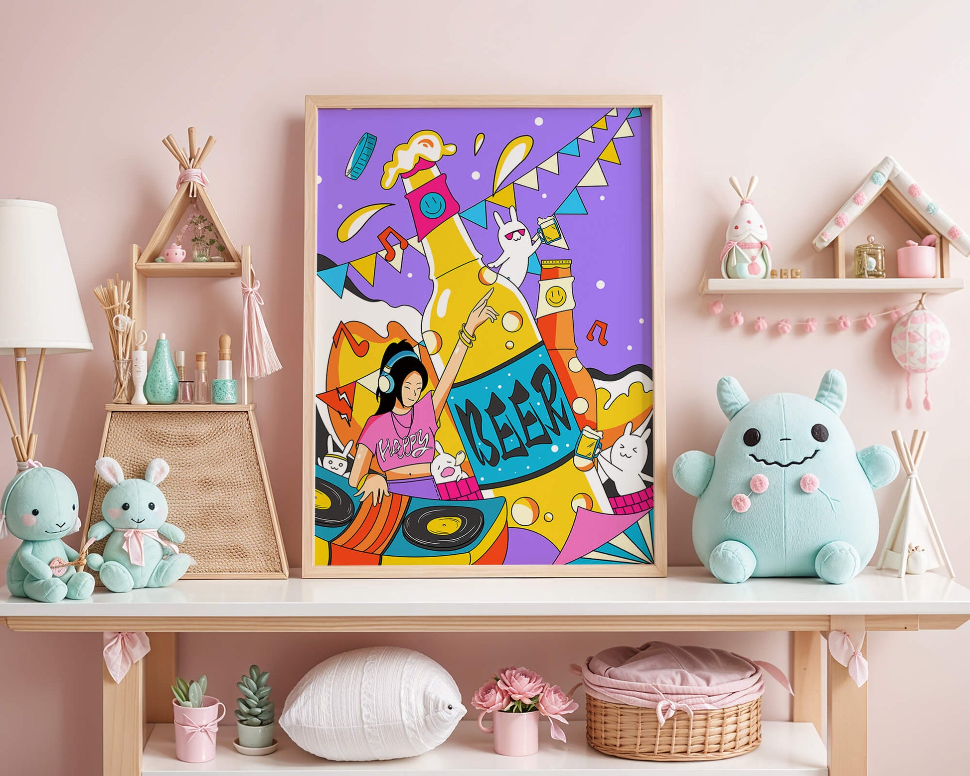 Vibrant Party Scene with DJ and Cartoon Characters