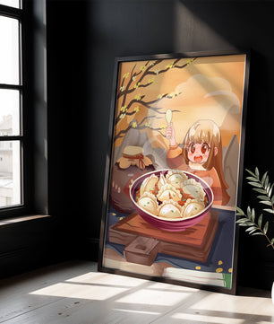 Comida de dumplings acogedora al aire libre en un entorno otoñal soleado con personaje alegre