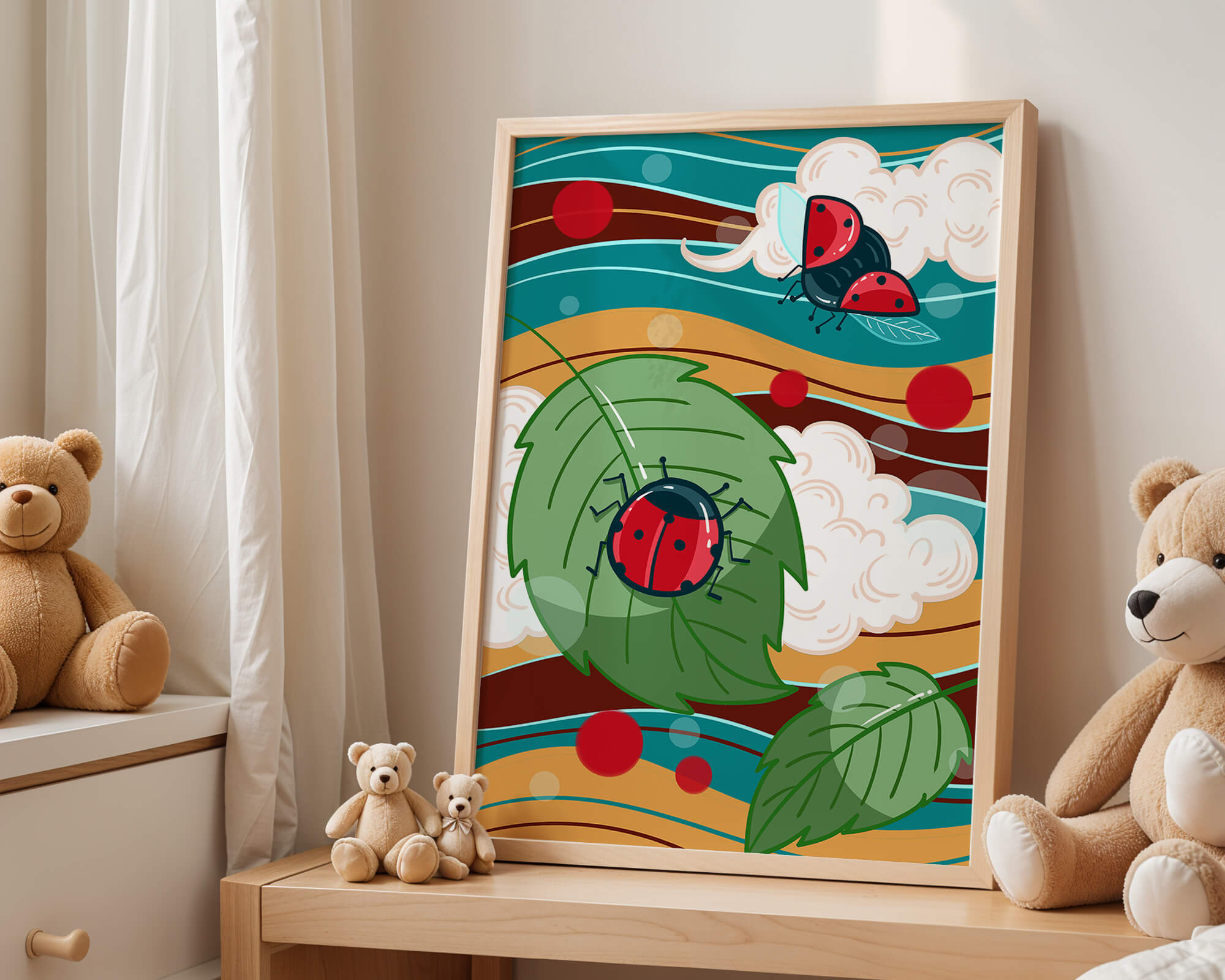 Colorful illustration of ladybugs in a whimsical natural setting