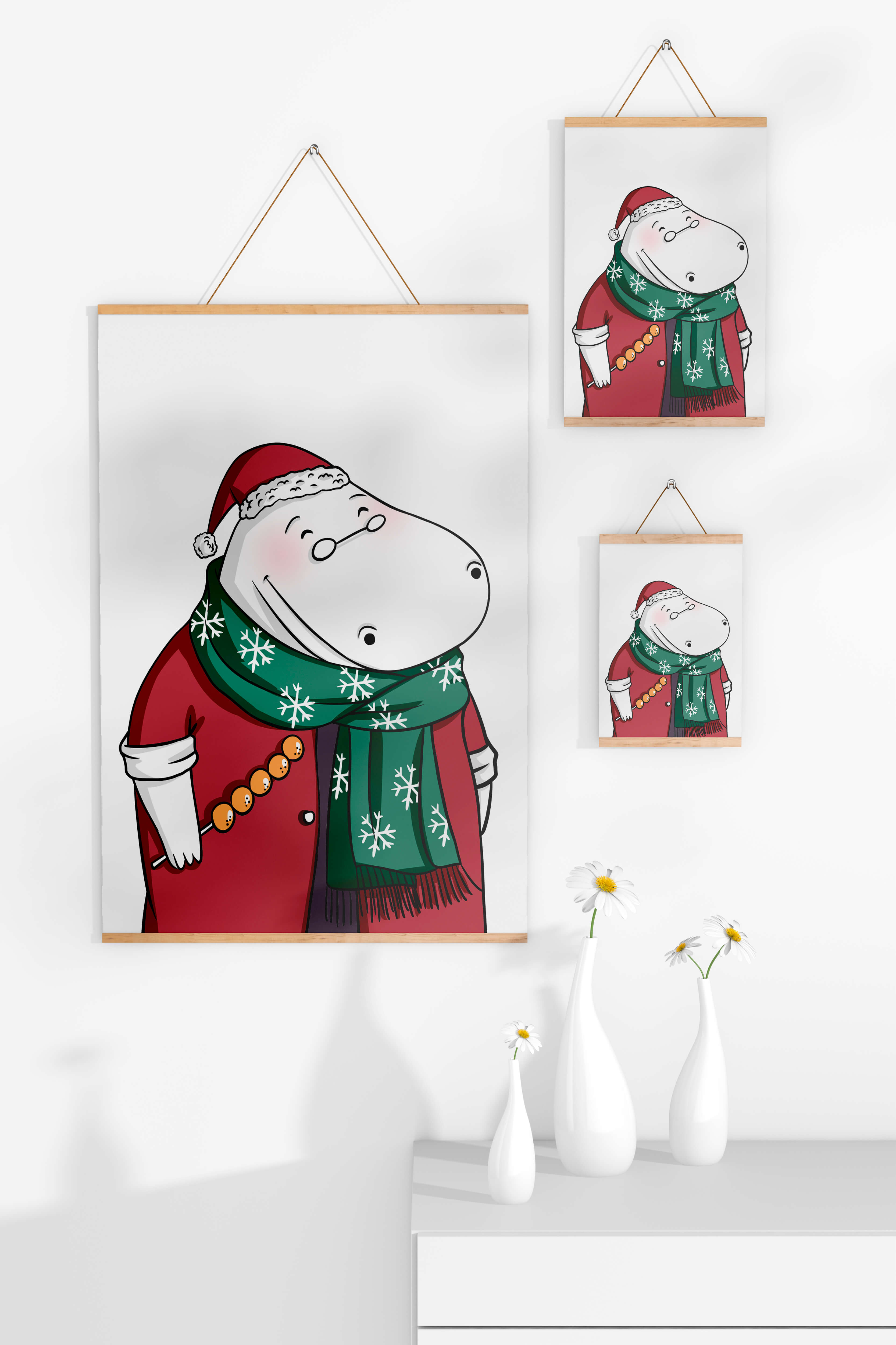 Festive hippo in a red outfit with a green snowflake scarf