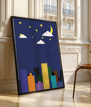 Night cityscape with colorful buildings and starry sky