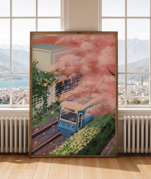 Zug in Kirschblütenlandschaft mit modernem Gebäude