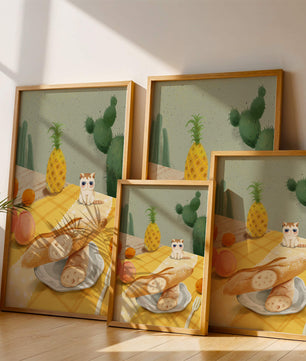 Gato con gafas de sol en un entorno tropical con baguettes y frutas