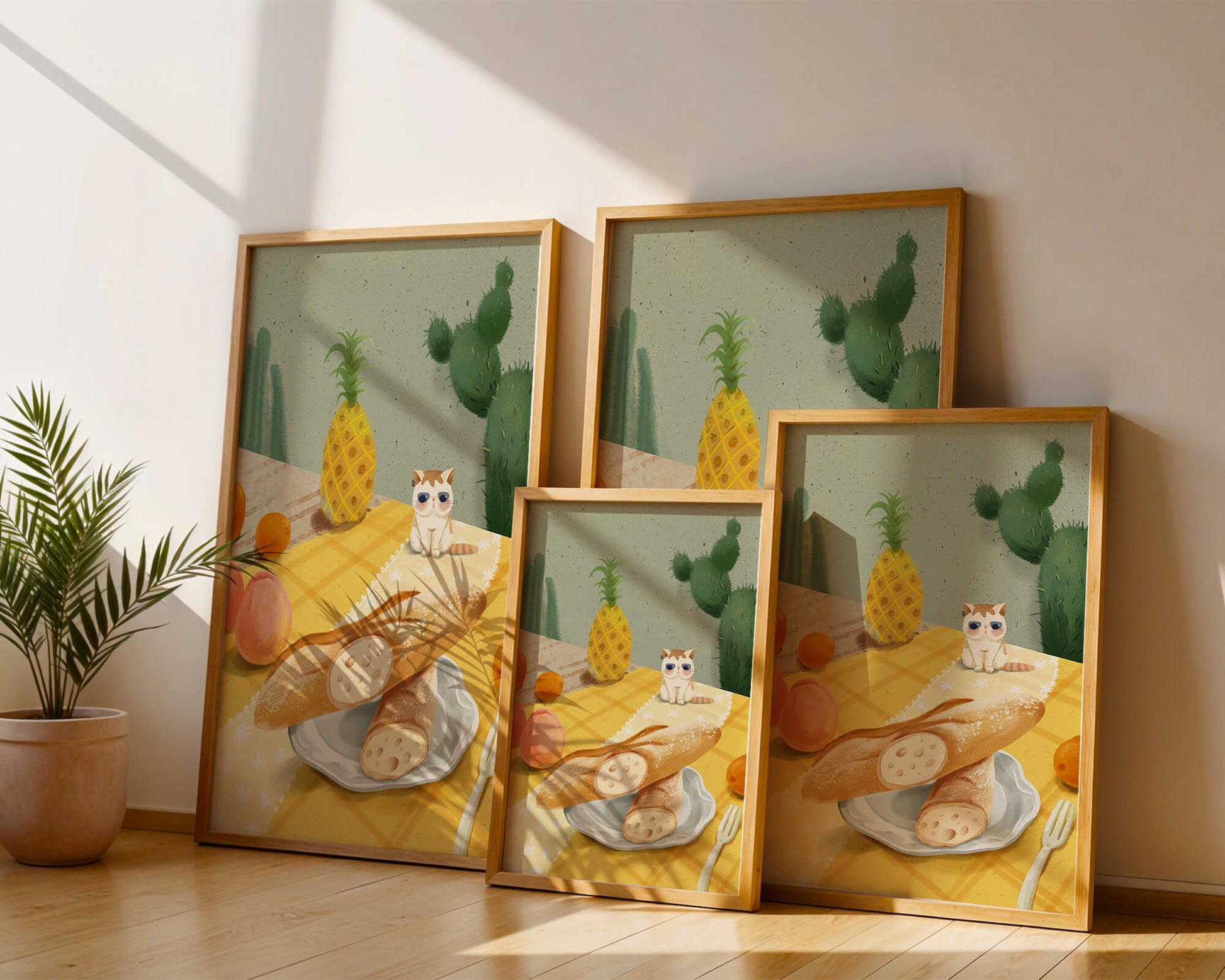 Gato con gafas de sol en un entorno tropical con baguettes y frutas