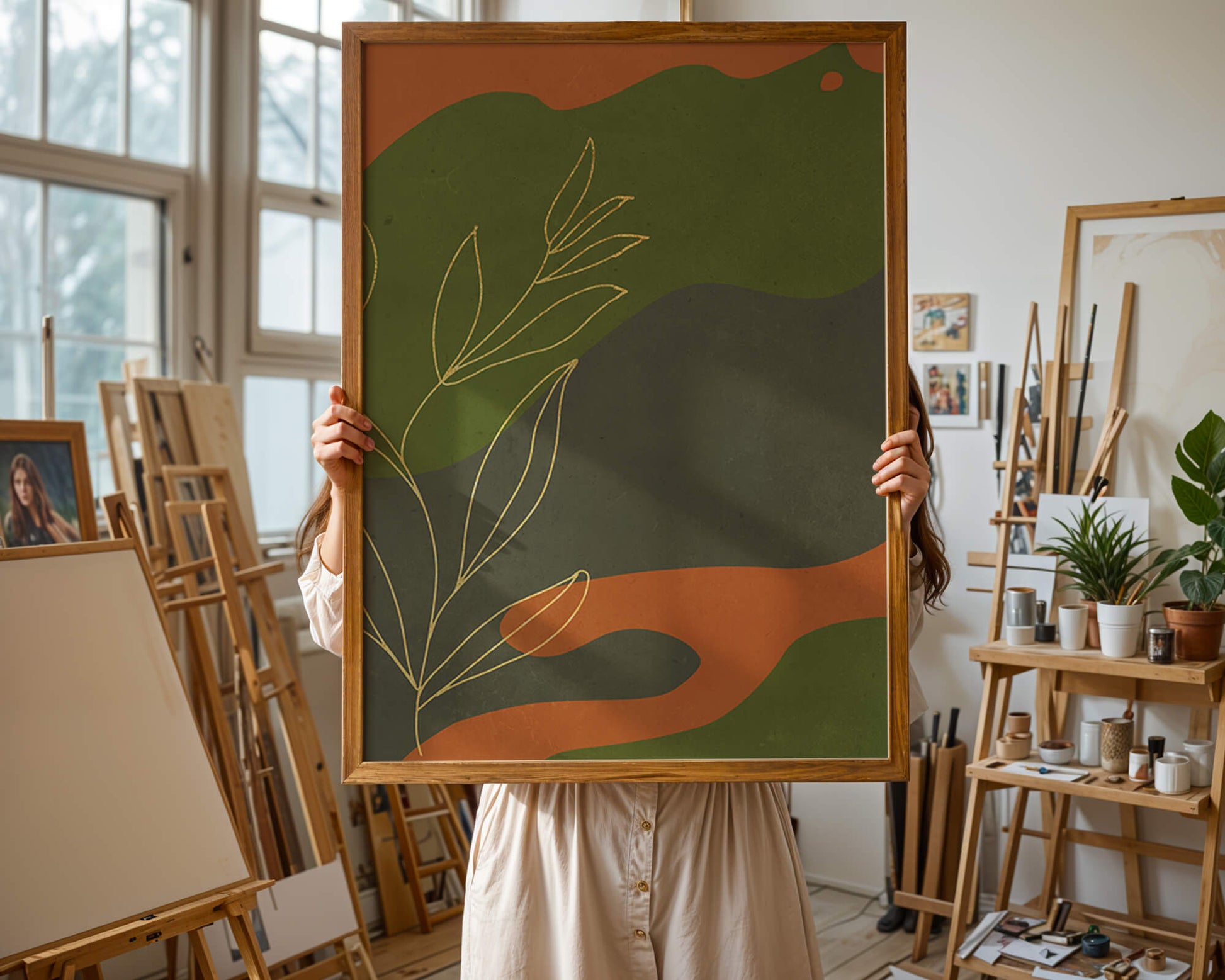 Abstrakte botanische Kunst mit Goldblatt auf buntem Hintergrund