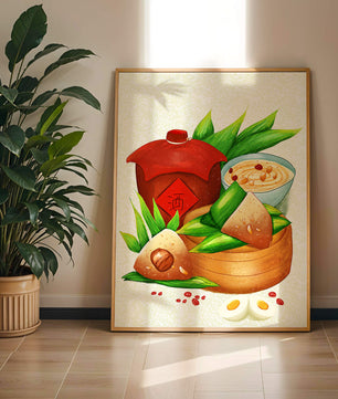 Illustrated traditional Chinese food with zongzi and rice wine