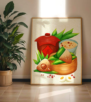 Illustrated traditional Chinese food with zongzi and rice wine