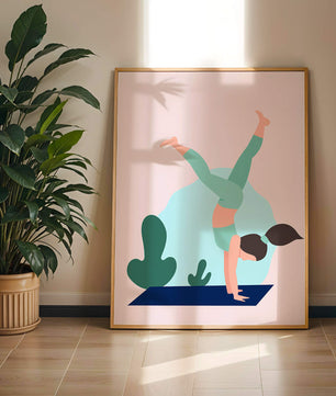 Ilustración de una mujer practicando la postura de parada de manos en yoga