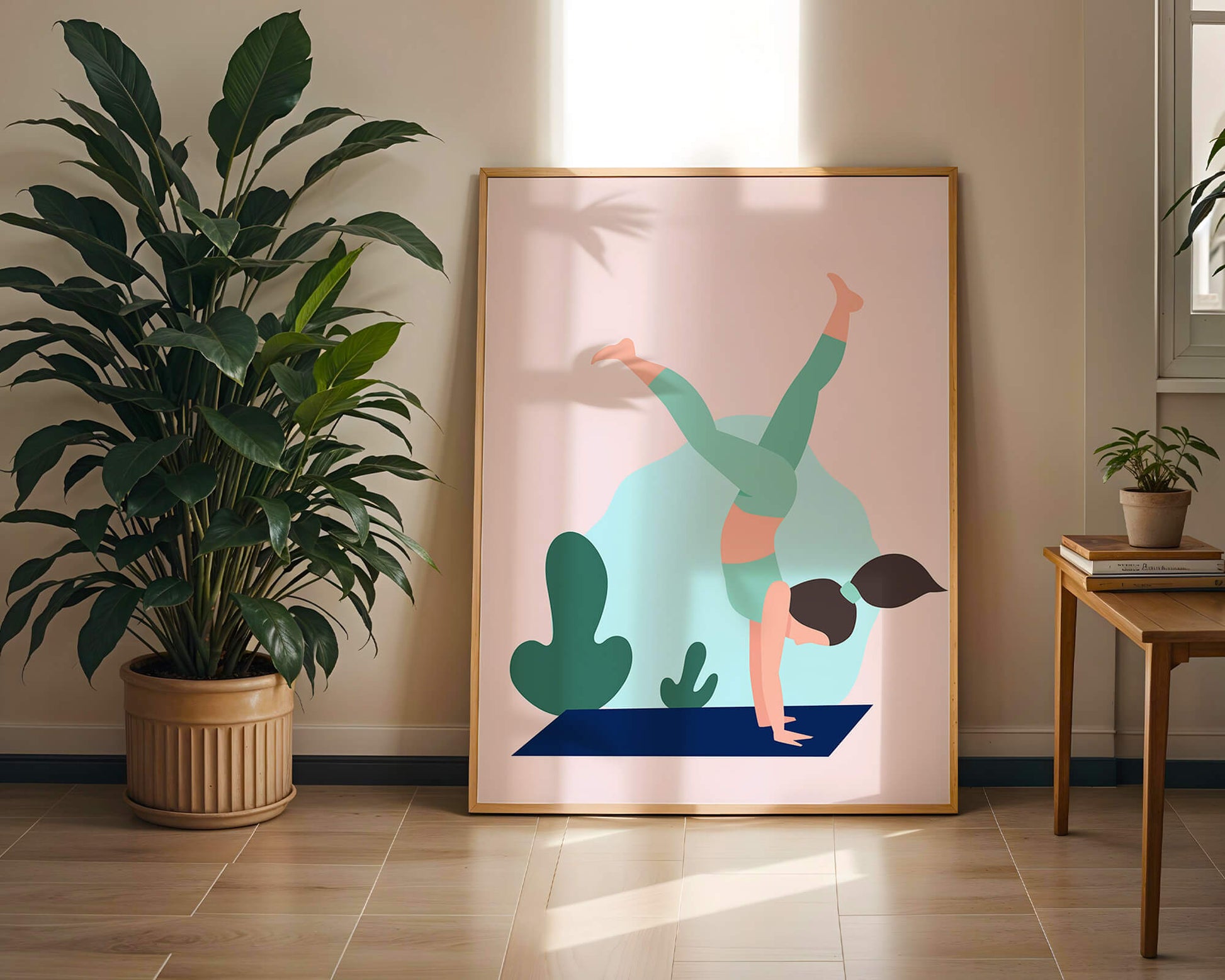 Illustration of a woman practicing yoga handstand pose