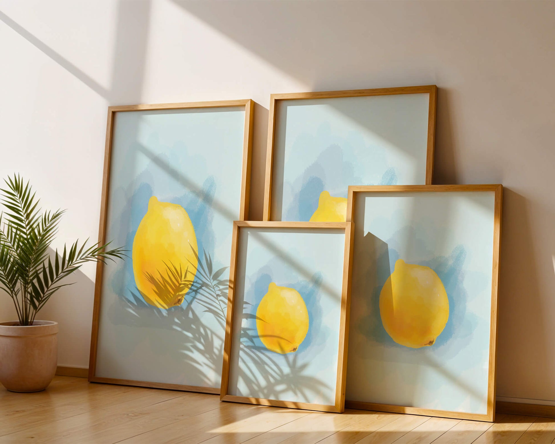 Watercolor artwork of a lemon on a blue background