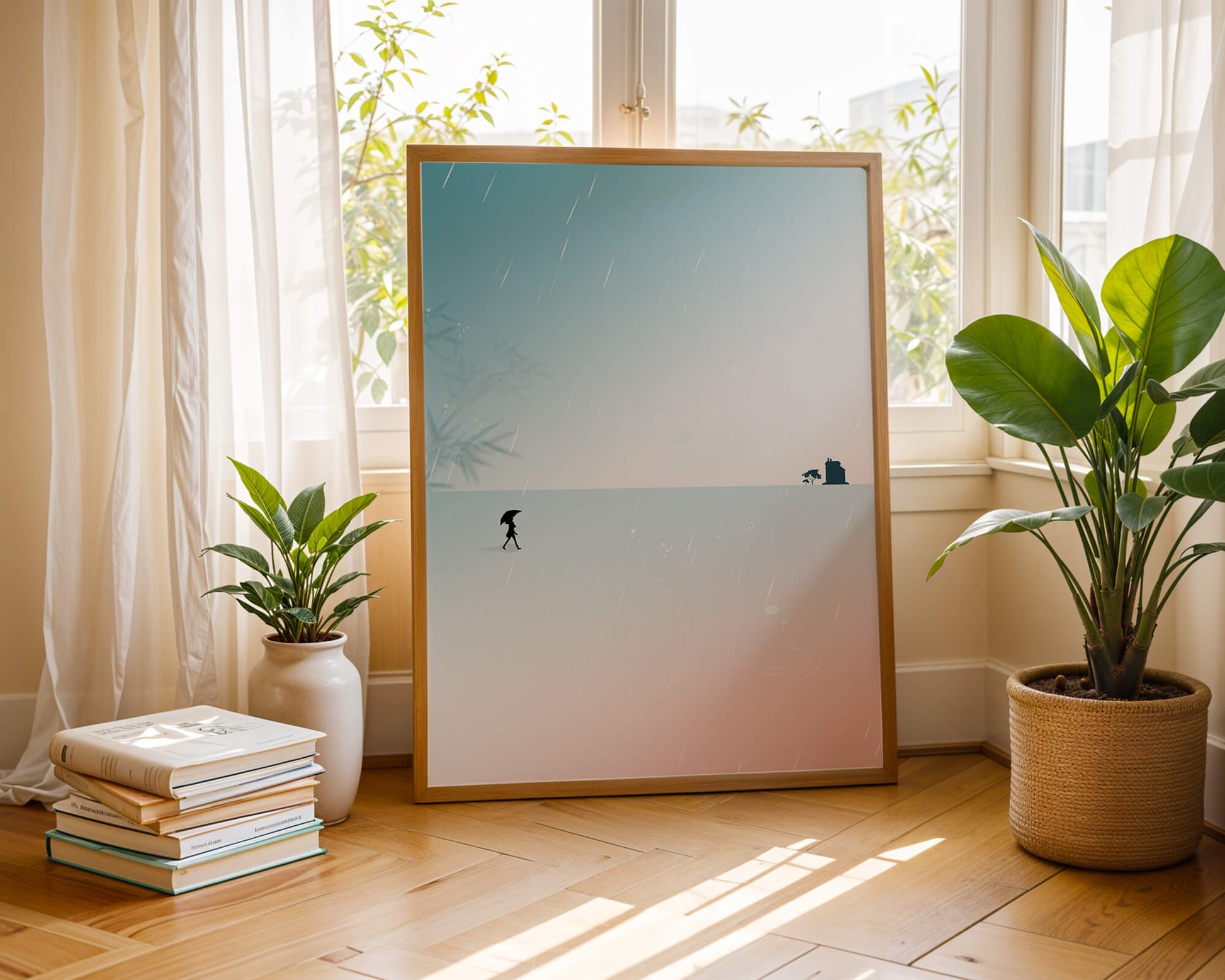 Paisaje Minimalista con Silueta en Ambiente Lluvioso