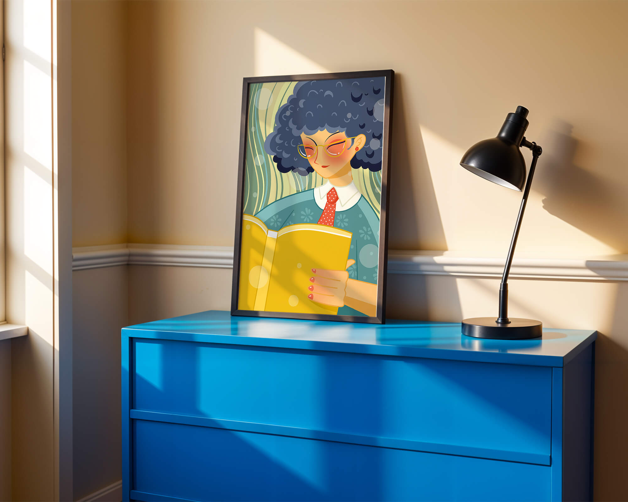 Illustration of a person reading a large yellow book in a stylized design