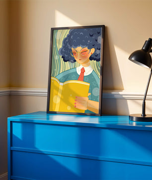 Illustration d'une personne lisant un grand livre jaune dans un style stylisé