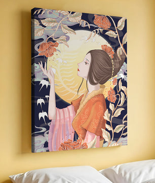 Illustration élégante d'une femme avec des éléments floraux sous la lumière de la lune