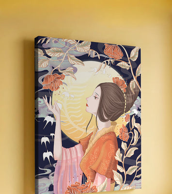 Elegant illustration of a woman with floral elements under the moonlight
