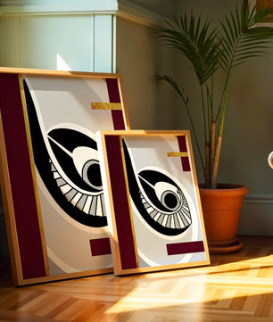 Arte geométrico abstracto con motivo de ojo y detalles dorados