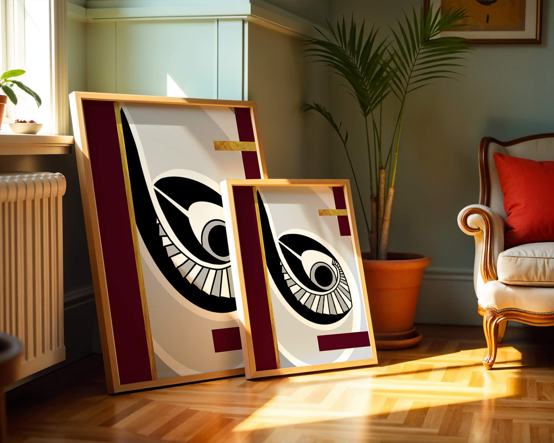 Arte geométrico abstracto con motivo de ojo y detalles dorados