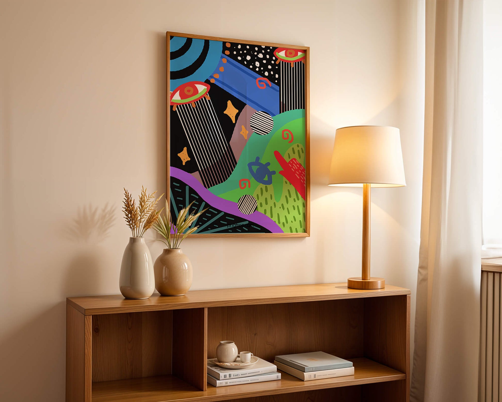 Œuvre d'art psychédélique abstraite colorée avec des formes géométriques et des yeux