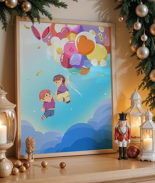Ilustración caprichosa de niños en el cielo con globos de colores