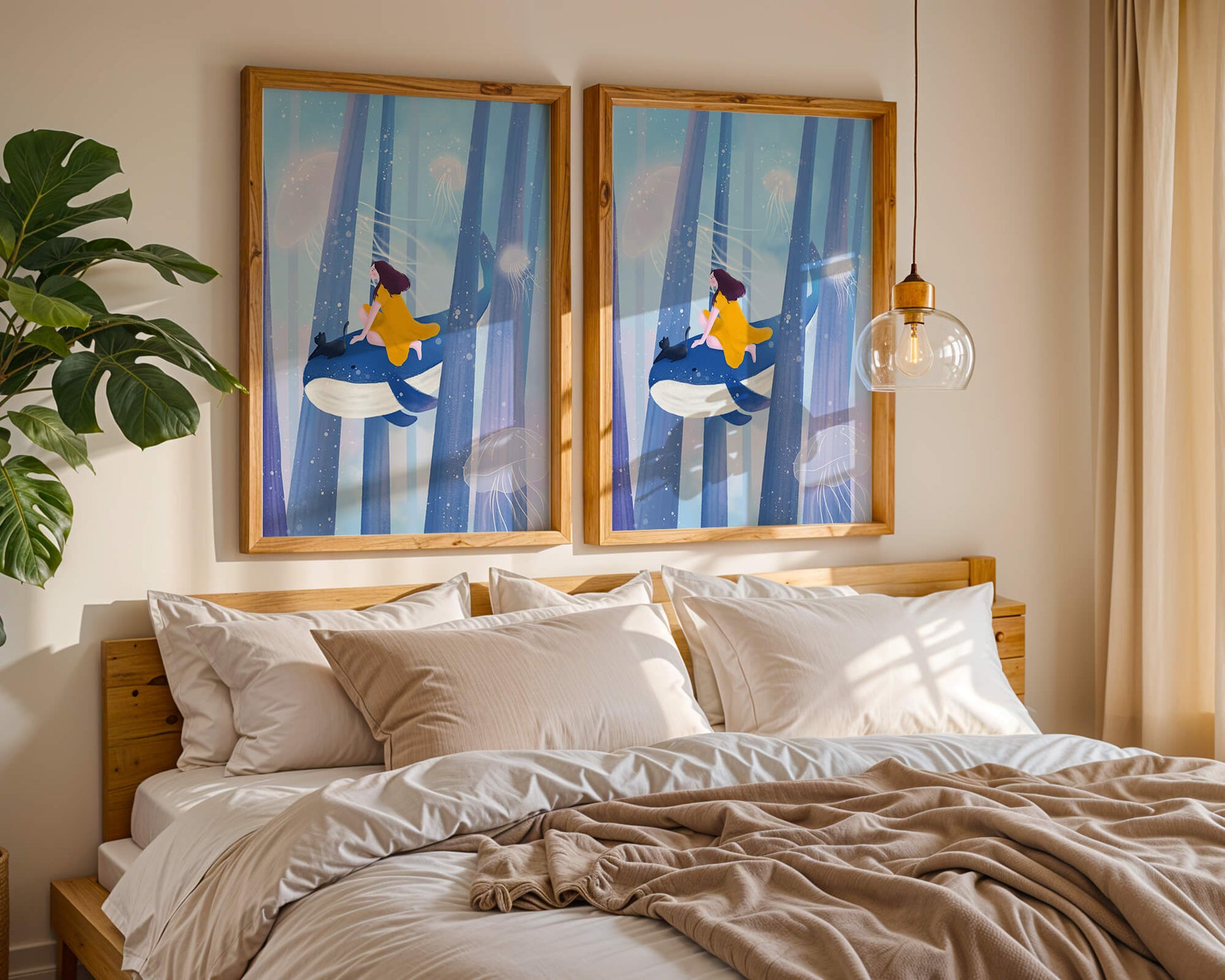Dreamlike scene with girl, cat, and whale in an ethereal ocean